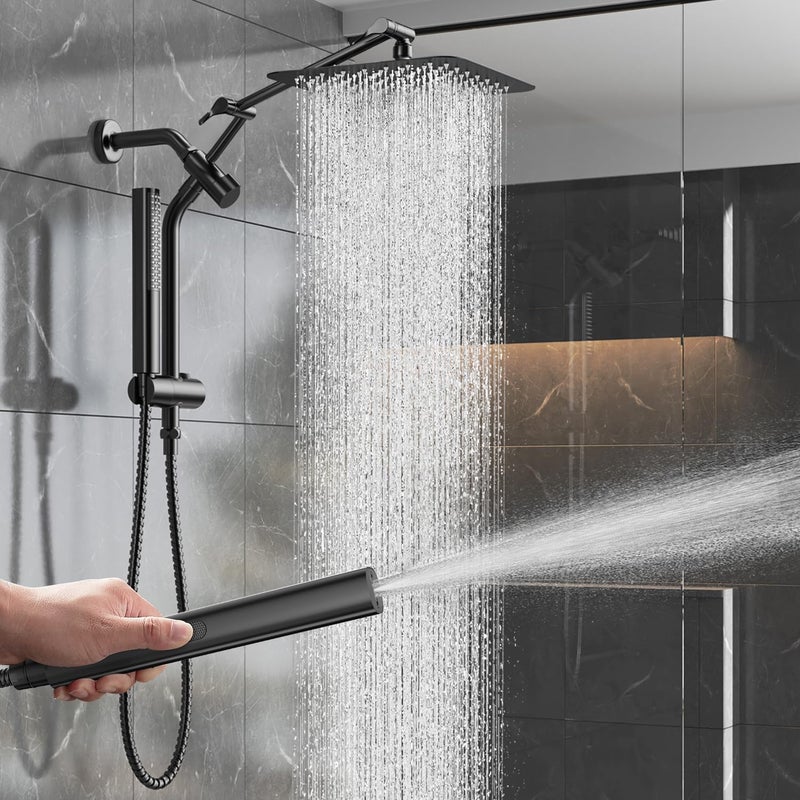 Veken 10" Luxurious All Metal Rain Shower Head with Handheld Spray Combo, High Pressure Rainfall Square Shower Heads with Extension Arm, Wide Dual Showerhead, Bathroom Accessories, Matte Black - Image 1