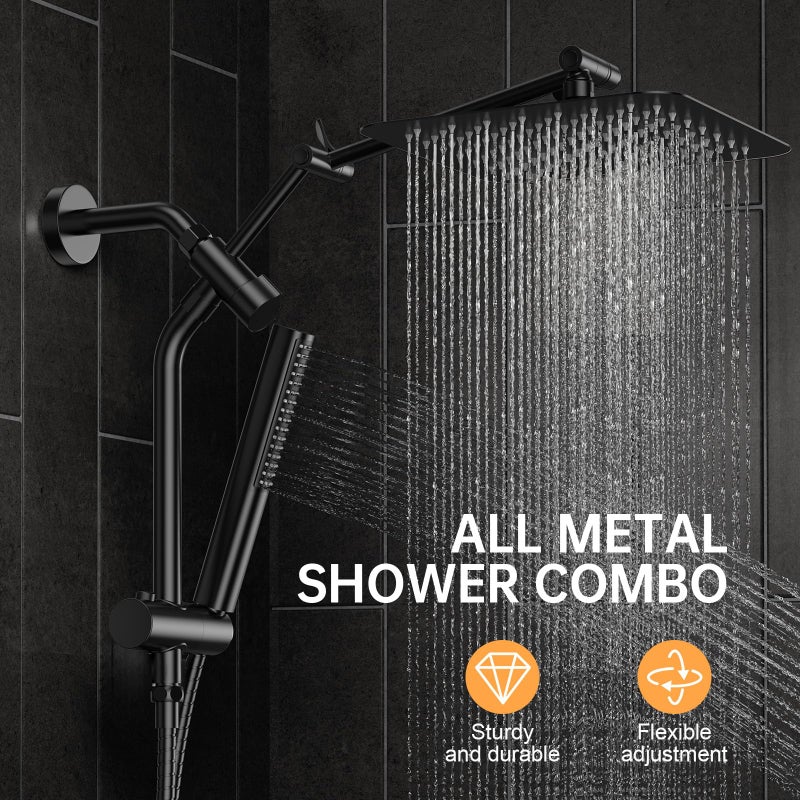 Veken 10" Luxurious All Metal Rain Shower Head with Handheld Spray Combo, High Pressure Rainfall Square Shower Heads with Extension Arm, Wide Dual Showerhead, Bathroom Accessories, Matte Black - Image 2