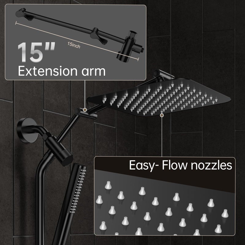 Veken 10" Luxurious All Metal Rain Shower Head with Handheld Spray Combo, High Pressure Rainfall Square Shower Heads with Extension Arm, Wide Dual Showerhead, Bathroom Accessories, Matte Black - Image 4