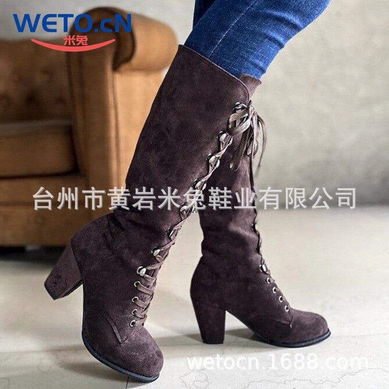 Plus Size Fashion Strap Roman Knight Boots Children High Boots Round Head Thick High Heel Boots 43 - Image 2
