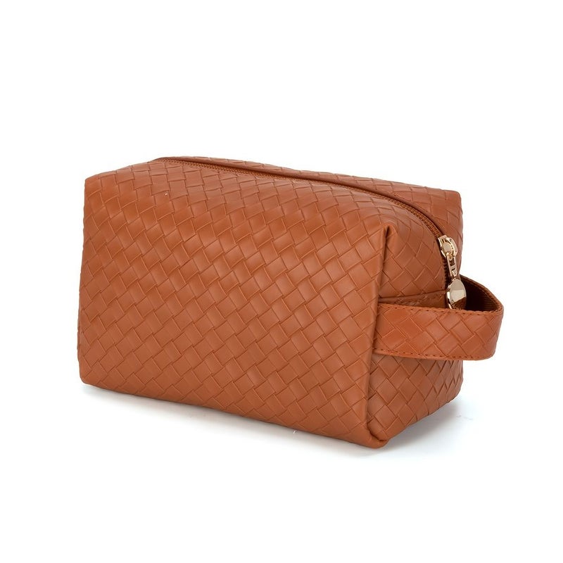 Pink Knitted Large Capacity Travel Cosmetic Bag Faux Leather Texture Makeup Organizer - Image 5
