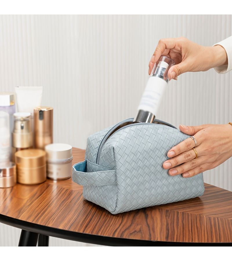 Pink Knitted Large Capacity Travel Cosmetic Bag Faux Leather Texture Makeup Organizer - Image 1