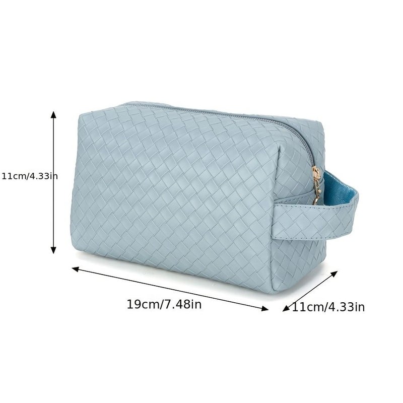 Pink Knitted Large Capacity Travel Cosmetic Bag Faux Leather Texture Makeup Organizer - Image 4