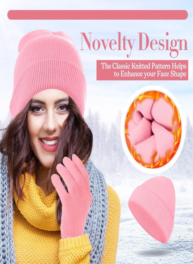 ShinyMatch 2 Pcs Shiny Match Winter Beanie Hat Gloves Set, Soft Knitted Hat Stretchy Gloves Warm Skull Cap Set for Women Men Gifts (Pink) - Image 3