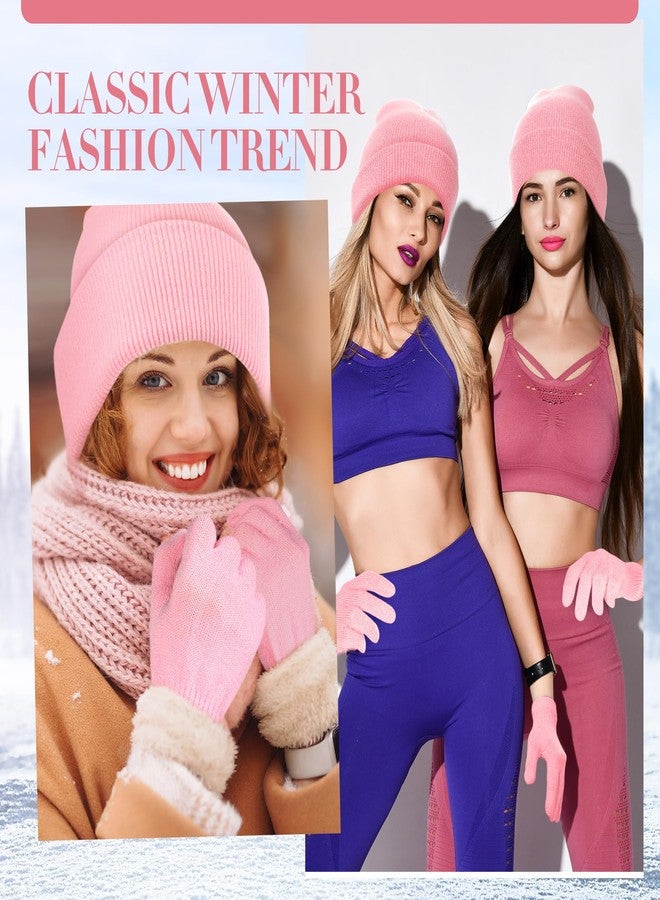 ShinyMatch 2 Pcs Shiny Match Winter Beanie Hat Gloves Set, Soft Knitted Hat Stretchy Gloves Warm Skull Cap Set for Women Men Gifts (Pink) - Image 5