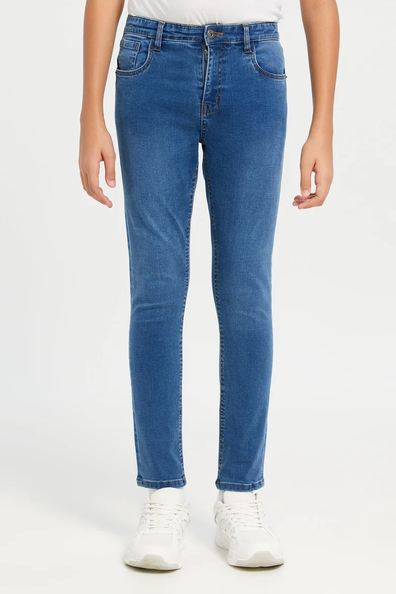 Redtag Senior Boys Blue Solid Slim Fit Jeans