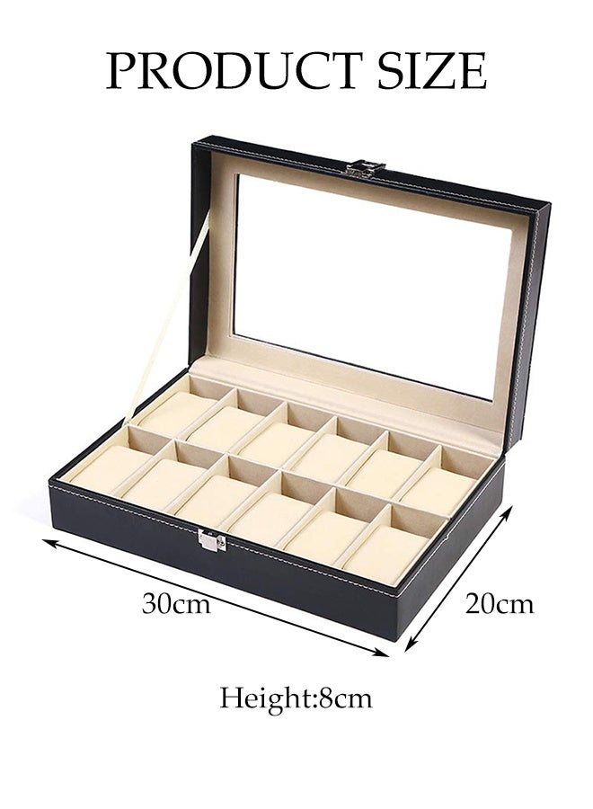 PU Leather Watch Box, 12 Slot Watch Organizer with Glass Lid, Watch Display Box with Removable Pillow and Metal Clasp - Image 2