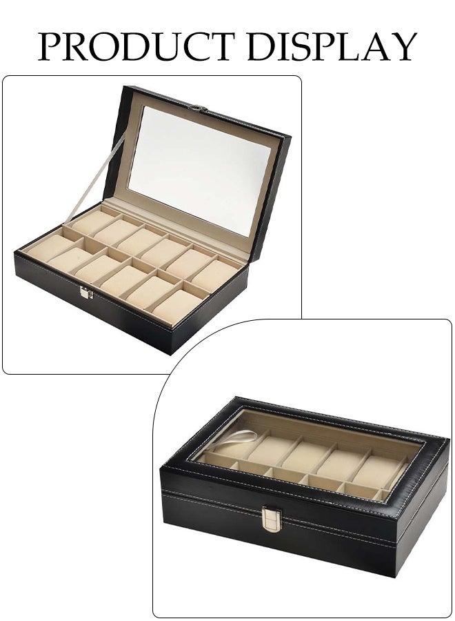 PU Leather Watch Box, 12 Slot Watch Organizer with Glass Lid, Watch Display Box with Removable Pillow and Metal Clasp - Image 5