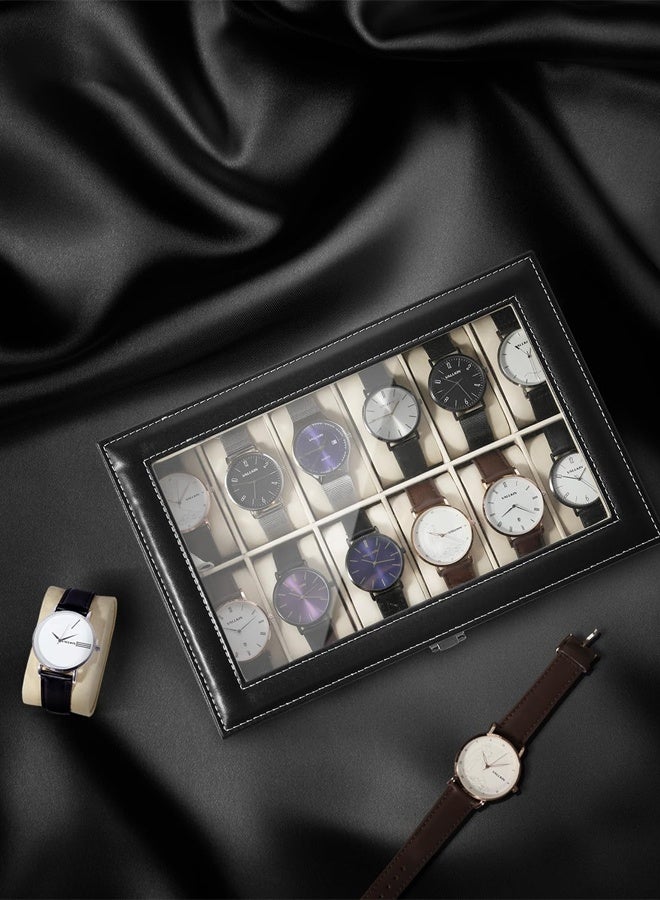PU Leather Watch Box, 12 Slot Watch Organizer with Glass Lid, Watch Display Box with Removable Pillow and Metal Clasp - Image 4
