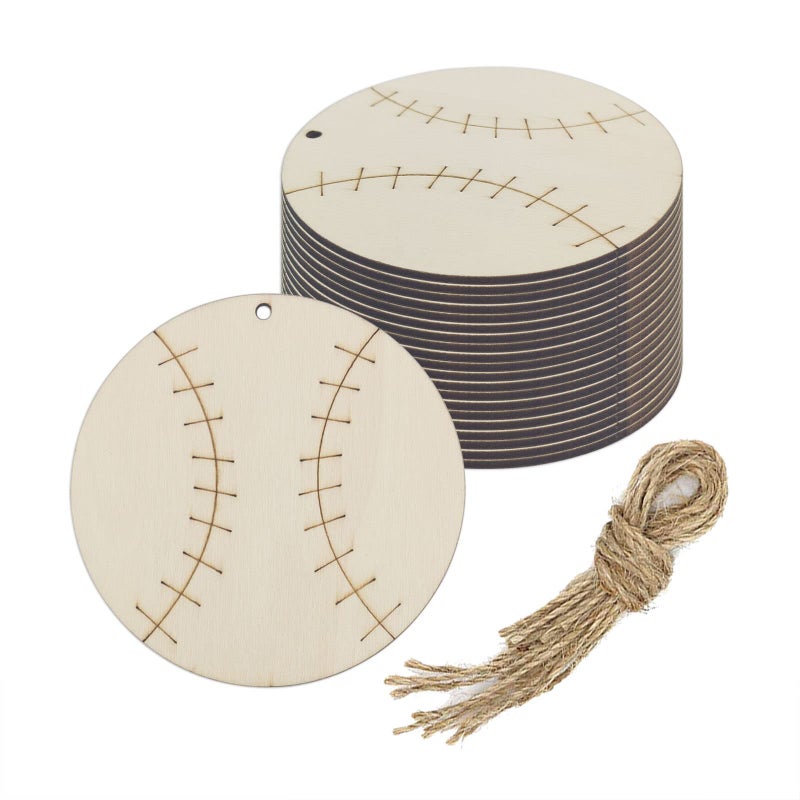 Creaides 20pcs Baseball Wood DIY Crafts Cutouts Wooden Baseball Shaped Hanging Ornaments Wood Tags with Jute Twines for DIY Project Sport Themed Party Decorations