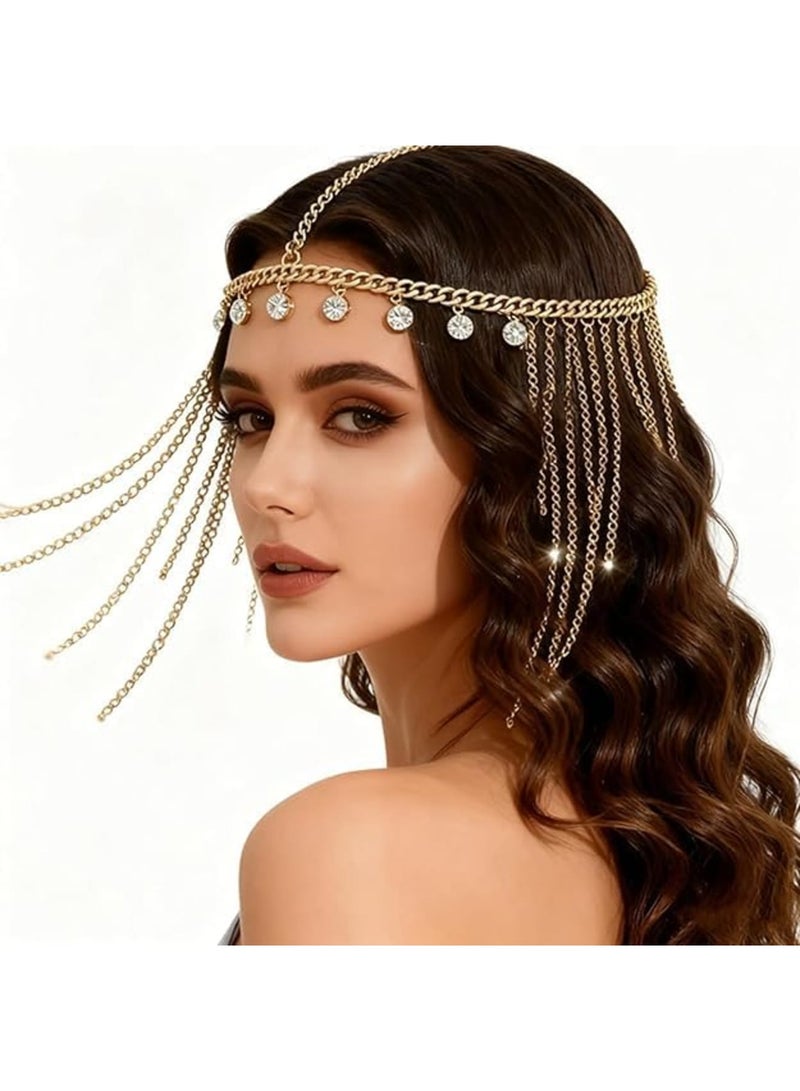 Luckam سلسلة رأس مزينة بالأحجار الكريمة الذهبية، قلادة كريستالية، مجوهرات شعر، إكليل رأس إلهة لحفلات الزفاف، أزياء الهالوين، حفلات التخرج، فعاليات ذات طابع مصري، ذهبية/فضية، مقاس واحد - Image 3
