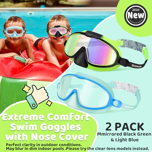Vvinca 2 Pcs Kids-Swim-Goggles with Nose Cover, Swimming Diving Mask Wide View Anti Fog UV Anti Shattered Lens for Kids 3-5 - Image 3