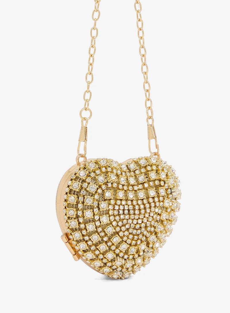 Khizana Gold Gold Diamonte Rhinestone Detailed Embellished Heart Shaped Statement Clutch for Women | Best Price UAE