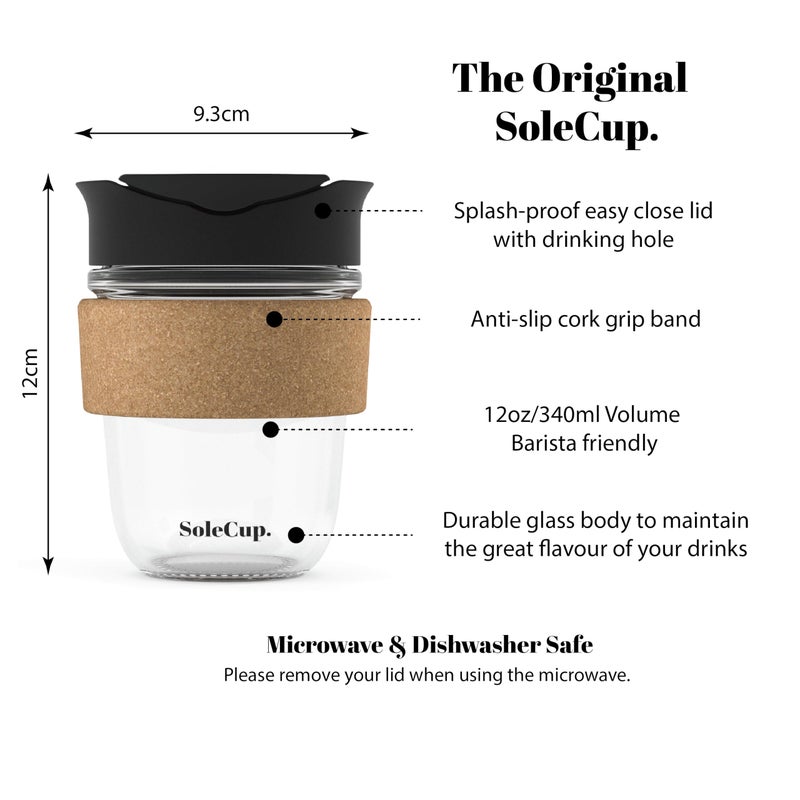 SoleCup. - Reusable Strengthened Glass Travel Cup - Spill Proof Insulated Coffee Mug - 12oz/340ml BPA-Free Hot Drink Travel Mug with Lid & Cork Band (Black, 12oz) - Image 2