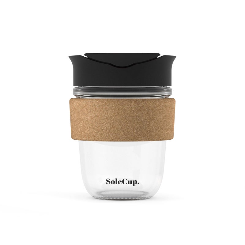 SoleCup. - Reusable Strengthened Glass Travel Cup - Spill Proof Insulated Coffee Mug - 12oz/340ml BPA-Free Hot Drink Travel Mug with Lid & Cork Band (Black, 12oz) - Image 1