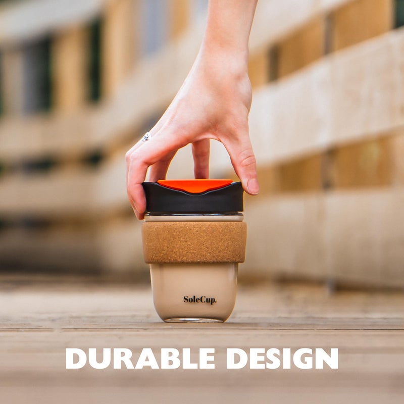 SoleCup. - Reusable Strengthened Glass Travel Cup - Spill Proof Insulated Coffee Mug - 12oz/340ml BPA-Free Hot Drink Travel Mug with Lid & Cork Band (Black, 12oz) - Image 3