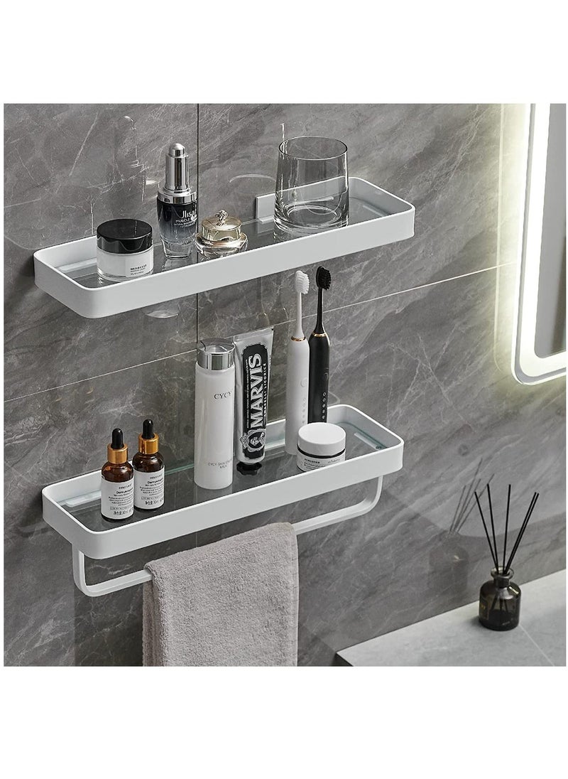 Arabest Bathroom Shelves Wall Mounted Glass Shelves for Bathroom Floating Shelf with Towel Holder Glass Shower Shelf 2 Tier Bathroom Wall Organizer-White  - Image 1
