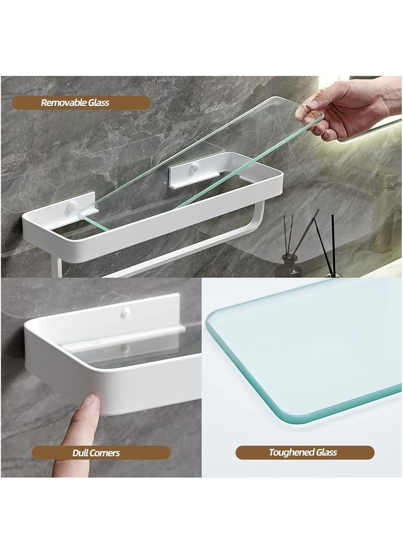 Arabest Bathroom Shelves Wall Mounted Glass Shelves for Bathroom Floating Shelf with Towel Holder Glass Shower Shelf 2 Tier Bathroom Wall Organizer-White  - Image 2