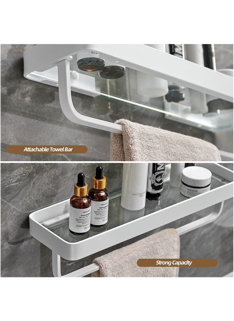 Arabest Bathroom Shelves Wall Mounted Glass Shelves for Bathroom Floating Shelf with Towel Holder Glass Shower Shelf 2 Tier Bathroom Wall Organizer-White  - Image 3