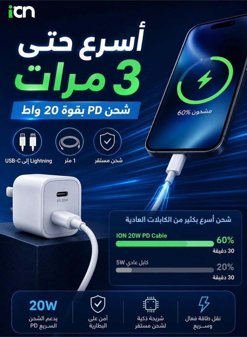 أيون وصلة كيبل سلك شاحن طويل ابيض تايب سي ال ايفون لايتنق اصلي كابل شحن سريع  1 متر ايفون  ION  متين ومقاوم للحرارة، أبيض سلك كيبل شاحن تايب سي شاحن  اصلي  سلك شاحن ايفون تايب سي سلك شاحن ايفون تايب سي اصلي كابل شحن ايفون كيبيل ايفون  تايب سي كابل محمول - Image 2