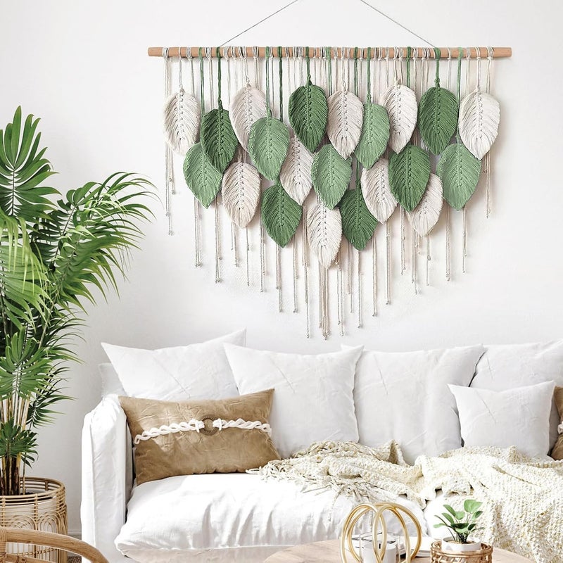 Xlot Large Macrame Wall Hanging, Boho Handmade Leaf Feather Bohemian Woven Tapestry, Chic Wall Art Home Decor for Bedroom Living Room Nursery Apartment Decorations (Green with Beige) - Image 3