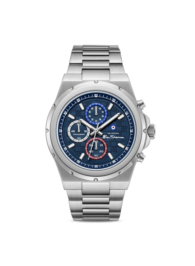 بين شيرمان Manchester  Blue Dial Stainless Steel Bracelet Chronograph Watch for Men, 43mm