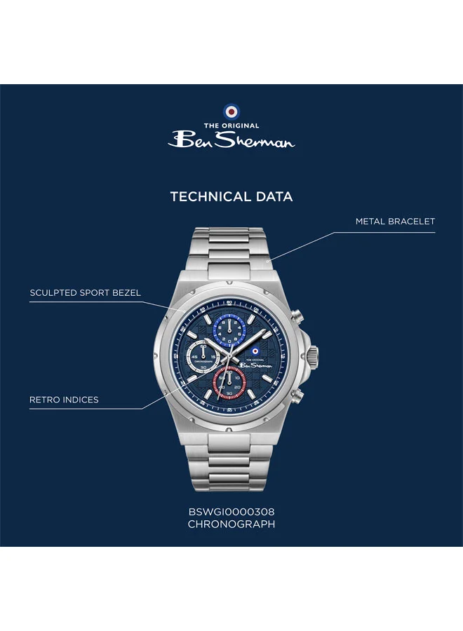Ben Sherman Blue Manchester  Blue Dial Stainless Steel Bracelet Chronograph Watch for Men, 43mm for Men | Best Price UAE
