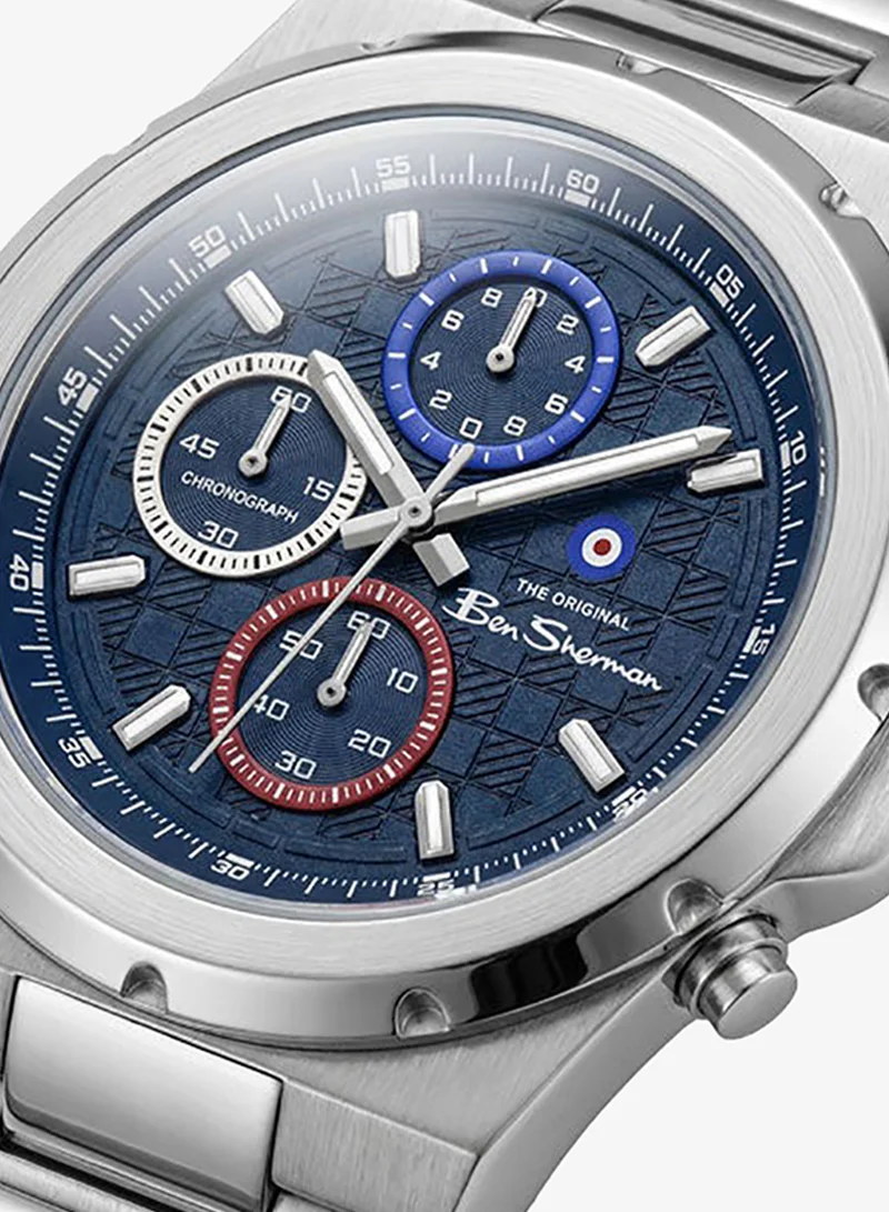 Ben Sherman Manchester  Blue Dial Stainless Steel Bracelet Chronograph Watch for Men, 43mm