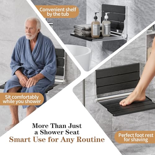 AKIMRABY Folding Shower Seat Wall Mounted, 15" Folding Shower Bench for Elderly, Disabled, Pregnant, Foldable Shower Chair for Small Bathroom, 400 lbs Capacity, Space-Saving Design - Black - Image 4