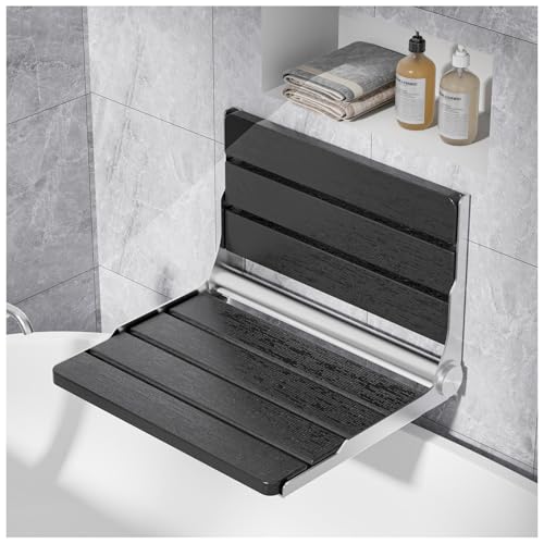 AKIMRABY Folding Shower Seat Wall Mounted, 15" Folding Shower Bench for Elderly, Disabled, Pregnant, Foldable Shower Chair for Small Bathroom, 400 lbs Capacity, Space-Saving Design - Black - Image 1