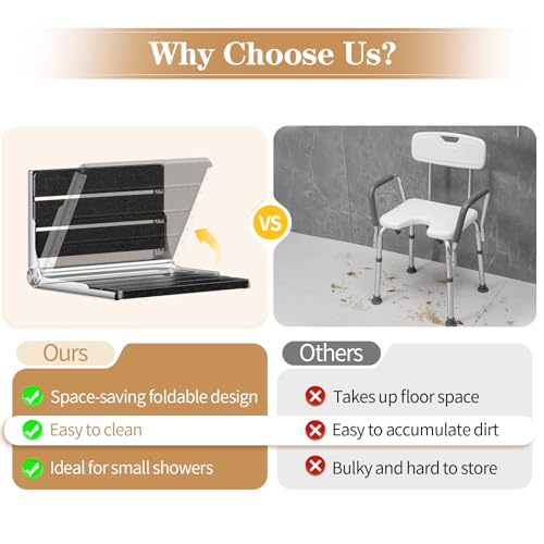 AKIMRABY Folding Shower Seat Wall Mounted, 15" Folding Shower Bench for Elderly, Disabled, Pregnant, Foldable Shower Chair for Small Bathroom, 400 lbs Capacity, Space-Saving Design - Black - Image 2