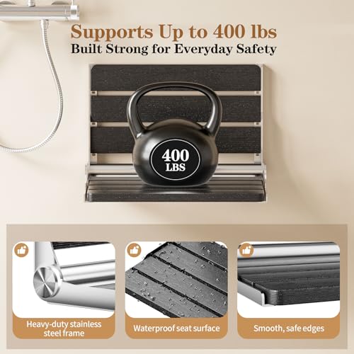 AKIMRABY Folding Shower Seat Wall Mounted, 15" Folding Shower Bench for Elderly, Disabled, Pregnant, Foldable Shower Chair for Small Bathroom, 400 lbs Capacity, Space-Saving Design - Black - Image 3