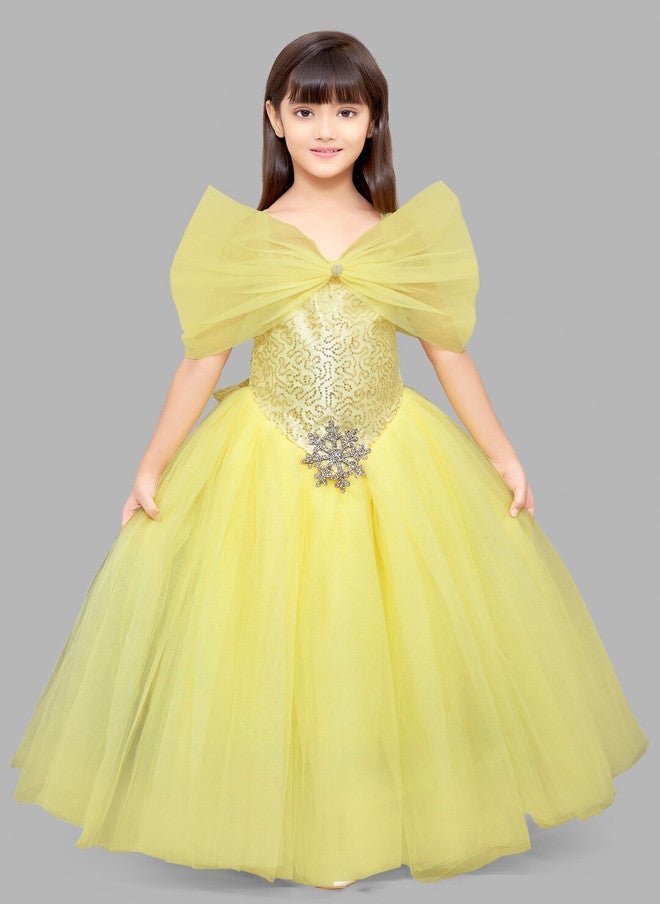 PinkChick Yellow Sequinned Off-Shoulder Ball Gown for Girls - Image 1