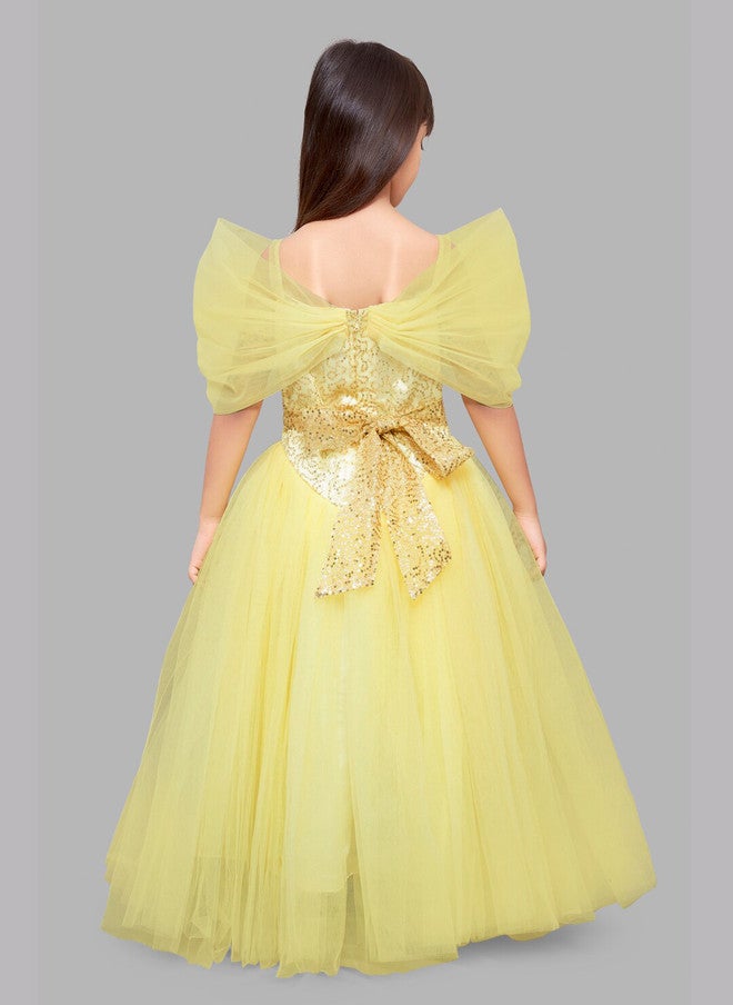 PinkChick Yellow Sequinned Off-Shoulder Ball Gown for Girls - Image 5