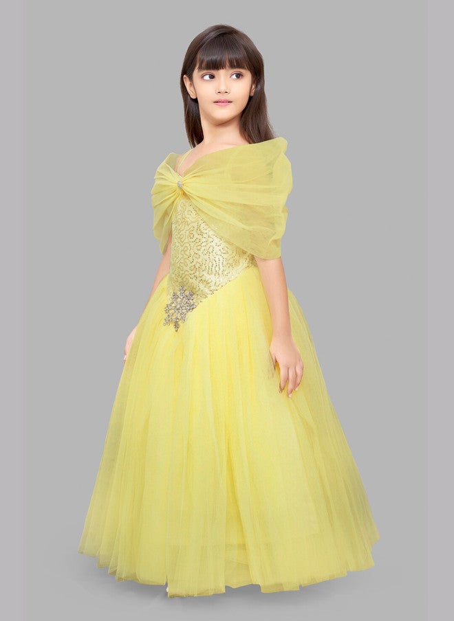 PinkChick Yellow Sequinned Off-Shoulder Ball Gown for Girls - Image 4