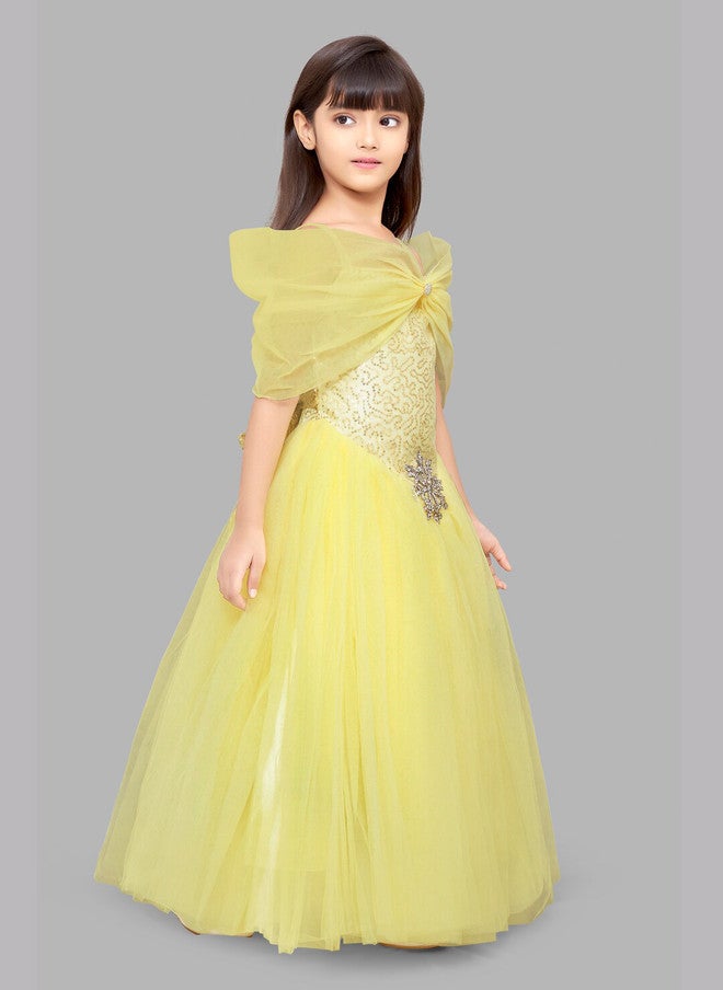 PinkChick Yellow Sequinned Off-Shoulder Ball Gown for Girls - Image 3