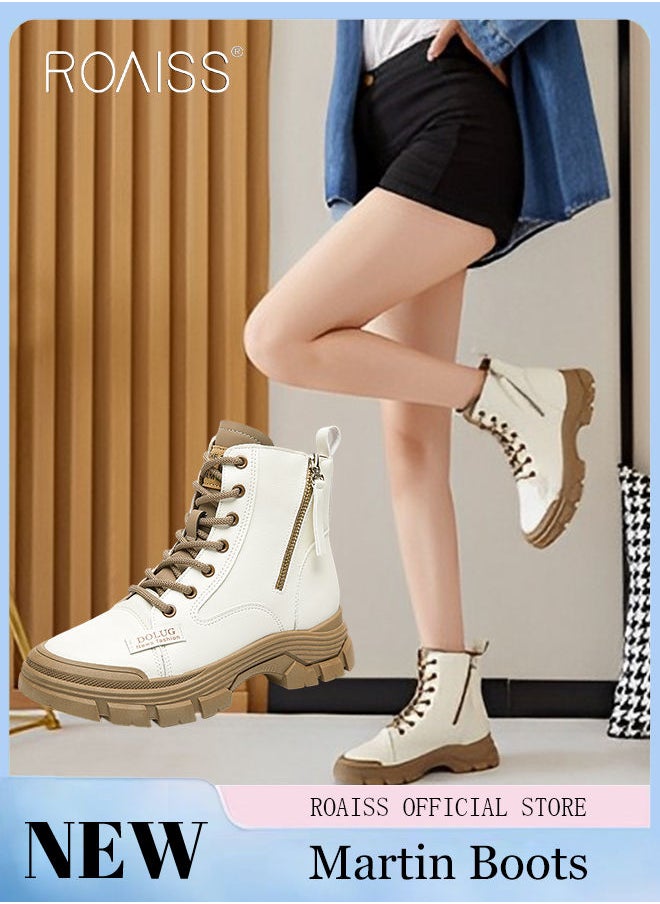 roaiss Women's Ankle Boots Ladies Combat Ankle Winter Warm Soft Casual Shoes Women High Top Leather Martin Boots Women Low Heel Lace Up Outdoor Trekking Hiking Work Boots  - Image 1
