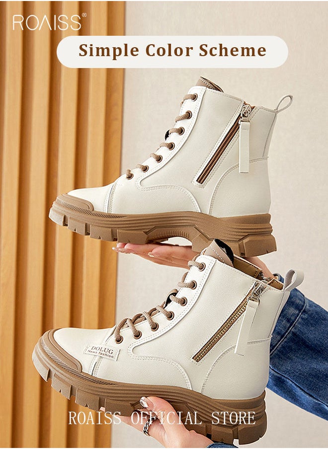 roaiss Women's Ankle Boots Ladies Combat Ankle Winter Warm Soft Casual Shoes Women High Top Leather Martin Boots Women Low Heel Lace Up Outdoor Trekking Hiking Work Boots  - Image 3