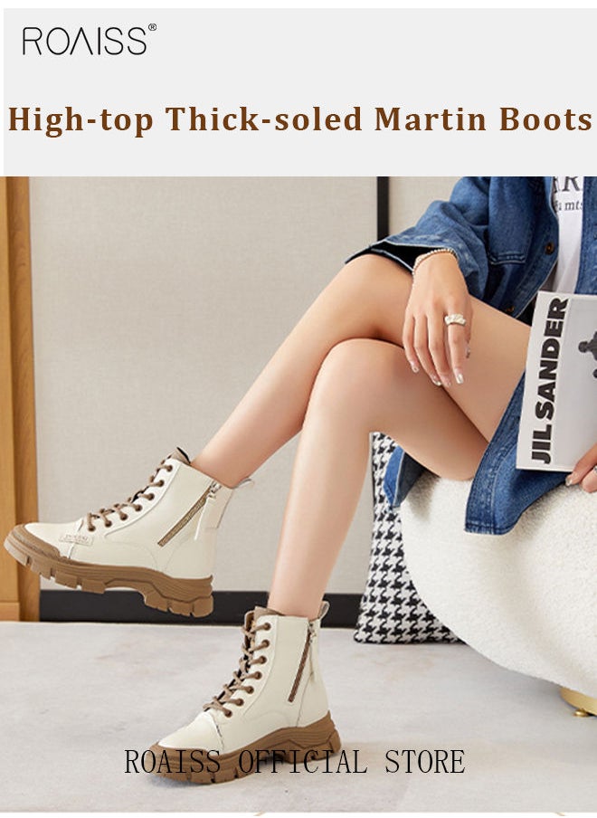 roaiss Women's Ankle Boots Ladies Combat Ankle Winter Warm Soft Casual Shoes Women High Top Leather Martin Boots Women Low Heel Lace Up Outdoor Trekking Hiking Work Boots  - Image 2
