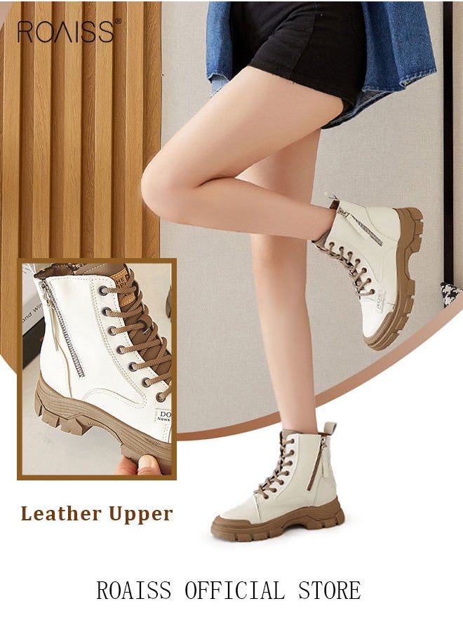 roaiss Women's Ankle Boots Ladies Combat Ankle Winter Warm Soft Casual Shoes Women High Top Leather Martin Boots Women Low Heel Lace Up Outdoor Trekking Hiking Work Boots  - Image 4