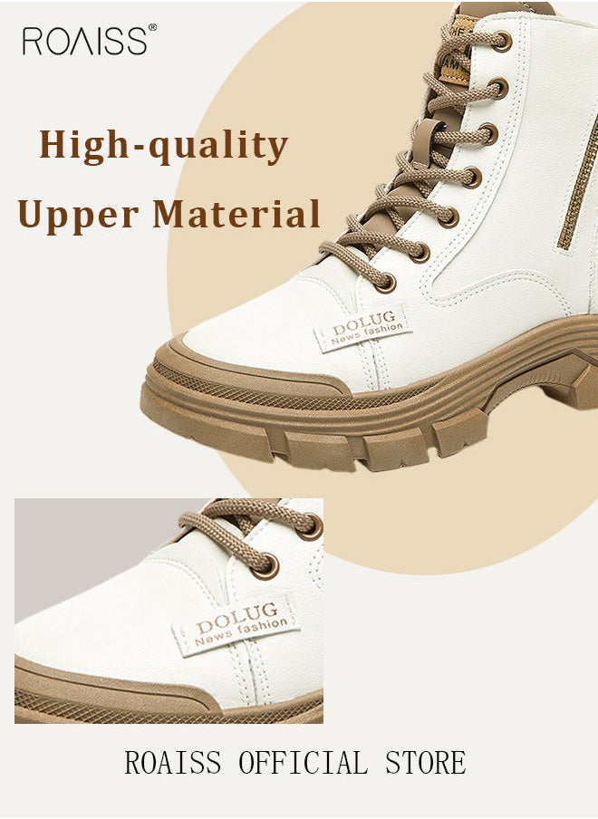 roaiss Women's Ankle Boots Ladies Combat Ankle Winter Warm Soft Casual Shoes Women High Top Leather Martin Boots Women Low Heel Lace Up Outdoor Trekking Hiking Work Boots  - Image 5