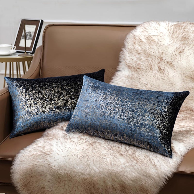Phantoscope Pack of 2 Sparkling Velvet Decorative Solid Throw Decorative Pillow Cover Soft Gold Glitter Square Cushion Cover Pillowcase for Couch Bed and Chair, Navy Blue, 12 x 20 inches, 30 x 50 cm - Image 1