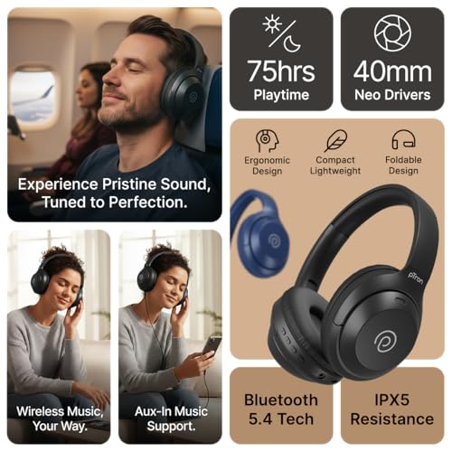 pTron Studio Classic w/ 75Hrs Playtime, Wireless Over Ear Headphones w/HD Mic, Dual Device Pairing, TruTalk AI-ENC Calls, Low-Latency Game & Music, Deep Bass, BT5.4 & Type-C Charging (Black) - Image 2