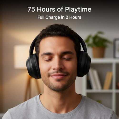 pTron Studio Classic w/ 75Hrs Playtime, Wireless Over Ear Headphones w/HD Mic, Dual Device Pairing, TruTalk AI-ENC Calls, Low-Latency Game & Music, Deep Bass, BT5.4 & Type-C Charging (Black) - Image 4