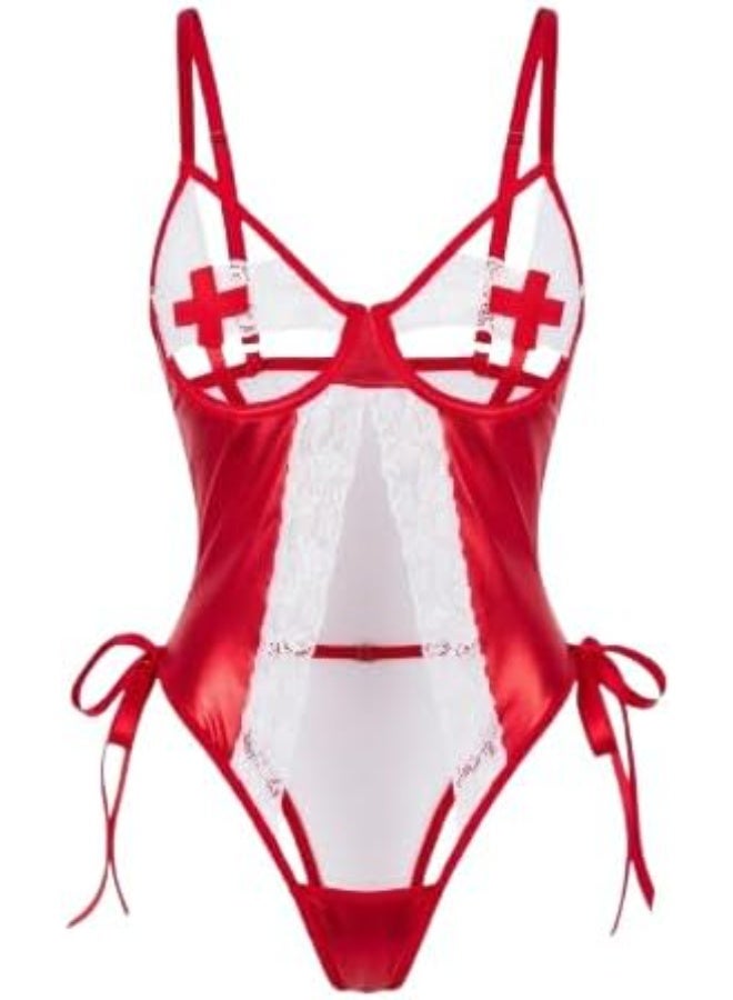 Hanady Women's One-Piece White Lace Lingerie with Open Design, Side Ties, and Adjustable Straps One Size Hn 9143 - Image 1