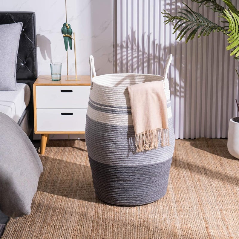 BLURISM Decor Large Woven Baskets for Storage Cotton Rope Basket for Storage Tall Blanket Basket for Living Room Nursery Laundry Basket Big Basket for Toys Basket with Handle Large GreyWhite