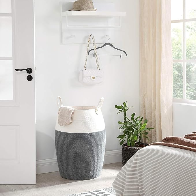 BLURISM Decor Large Woven Baskets for Storage Cotton Rope Basket for Storage Tall Blanket Basket for Living Room Nursery Laundry Basket Big Basket for Toys Basket with Handle Large GreyWhite