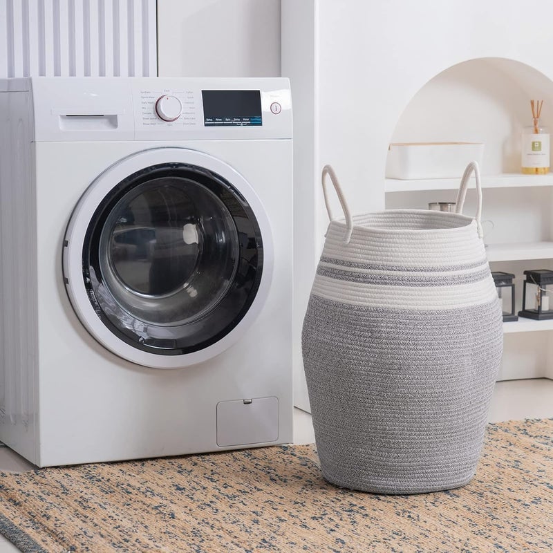 BLURISM Decor Large Woven Baskets for Storage Cotton Rope Basket for Storage Tall Blanket Basket for Living Room Nursery Laundry Basket Big Basket for Toys Basket with Handle Large GreyWhite