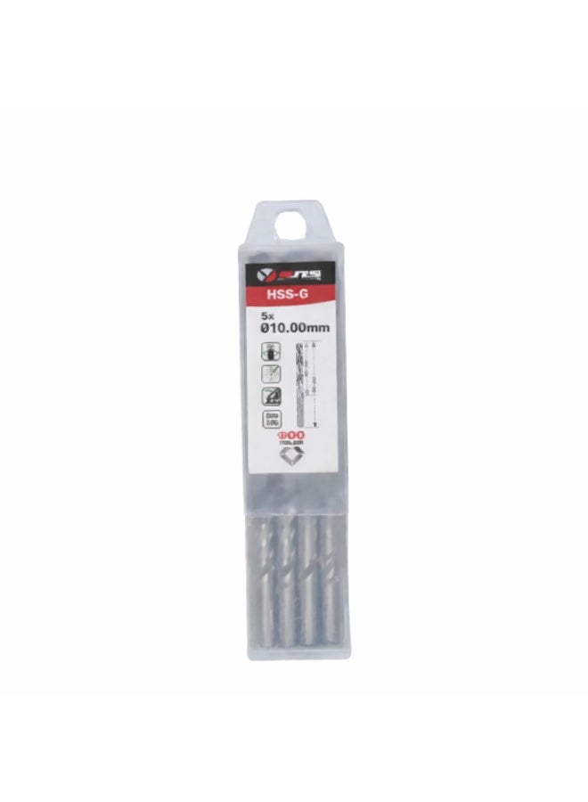 HSS-G TWIST DRILL BIT 10.00 MM RNS, Pack of 5 Ground Flute High Speed Steel Drill Bit for Mild Steel, Alloy Steel and Workshop Use