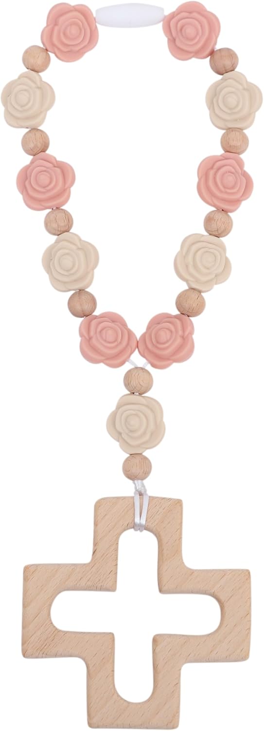 YOUAME Cross Baptism Silicone Rosary  Baby Shower Baptism Party Supply Kids First Rose Beads Rosary Baby Girls 1st Year Silicone Beads Gifts Christian Communion Rosary - Image 1